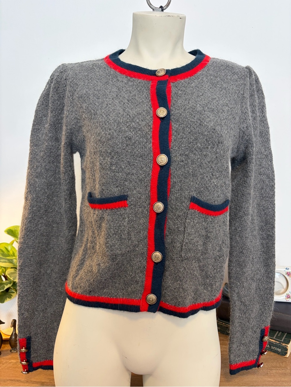 Vintage Austrian Tyrolean Style Grey Boiled Wool Cardigan Gold Crest Buttons